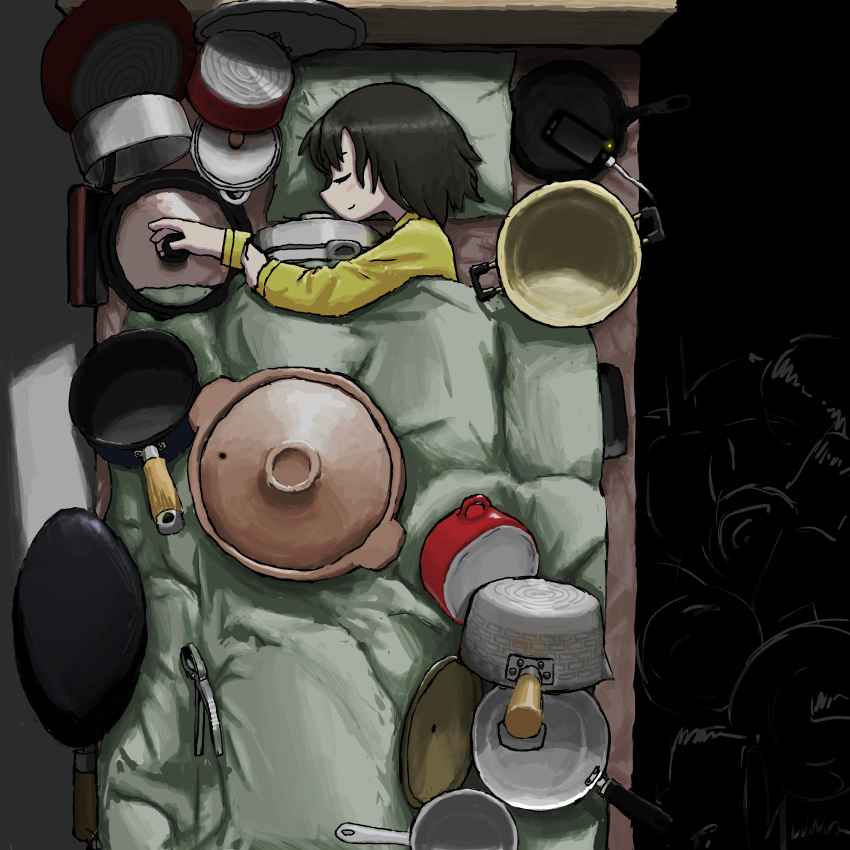 1girl absurdres black_hair closed_eyes from_above frying_pan highres long_sleeves lying medium_hair mo_ma_shima on_side original pillow pot shirt sleeping smile solo under_covers yellow_shirt