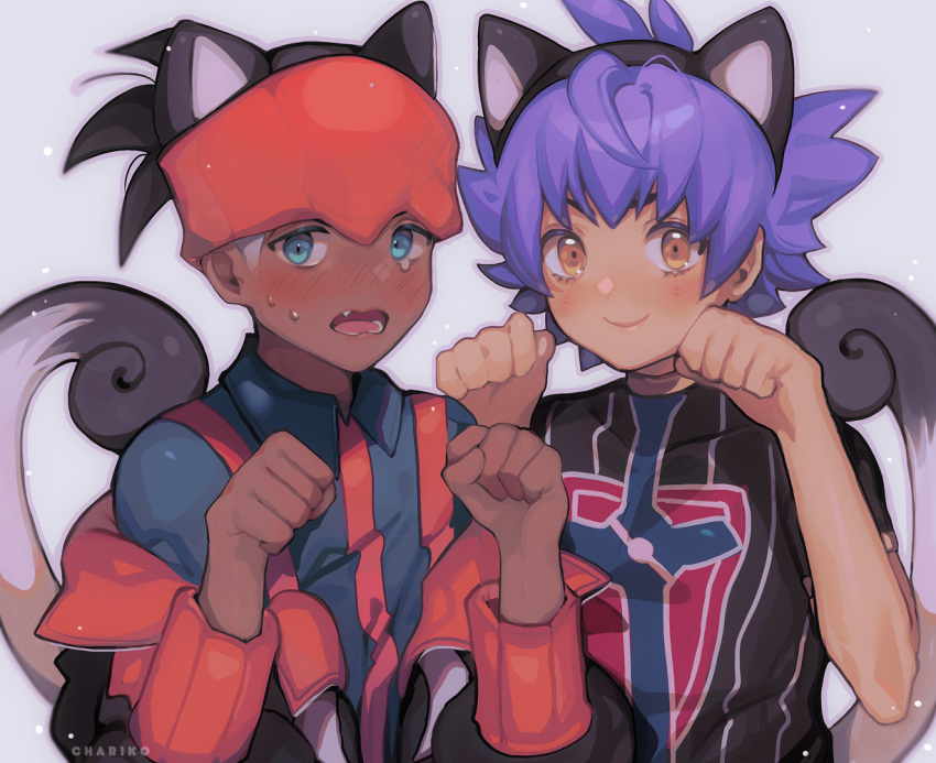 2boys animal_ears black_hair blush cat_boy cat_ears cat_tail champion_uniform chariko clenched_hands closed_mouth collared_shirt commentary_request dark-skinned_male dark_skin grey_background hands_up leon_(pokemon) male_focus multiple_boys open_mouth orange_headband pokemon pokemon_(game) pokemon_swsh purple_hair raihan_(pokemon) shield_print shirt short_hair short_sleeves simple_background smile sweat sword_print tail teeth textless tongue undercut yellow_eyes younger