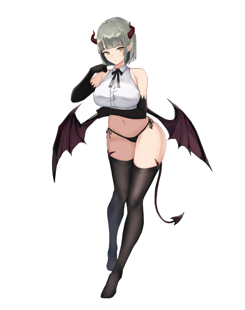 1girl bare_shoulders bario black_gloves black_legwear black_panties breasts collared_shirt crop_top demon_girl demon_horns demon_tail demon_wings elbow_gloves full_body gloves grey_hair hand_up highres horns large_breasts looking_at_viewer navel neck_ribbon no_pants no_shoes orange_eyes original panties pointy_ears revealing_clothes ribbon shirt short_hair side-tie_panties simple_background sleeveless sleeveless_shirt solo stomach string_panties tail thigh-highs thighs underwear white_background white_shirt wings