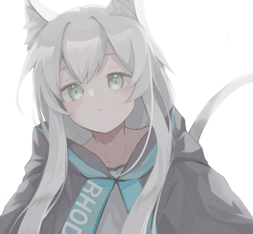 1girl animal_ears arknights bangs blush cat_ears cat_girl cat_tail cloak closed_mouth commentary green_eyes highres hood hood_down hooded_cloak iroiro_shitai01 long_hair rosmontis_(arknights) silver_hair simple_background solo tail white_background