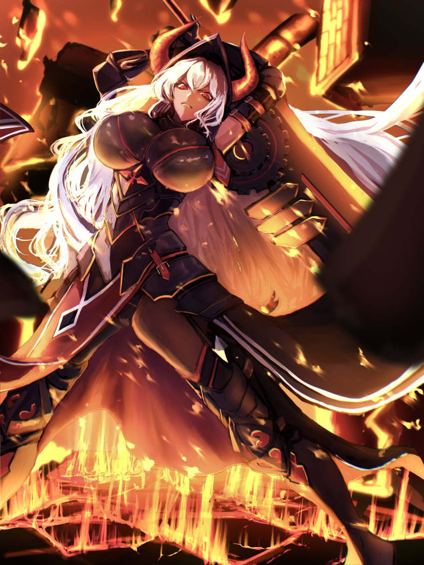 1girl armor armored_boots arms_behind_back bangs black_skin blade boots breasts colored_skin dragon_knight_shapira ehtuho fire guardian_tales helmet highres holding holding_weapon huge_breasts long_hair looking_at_viewer metal_gloves red_eyes solo standing weapon white_hair