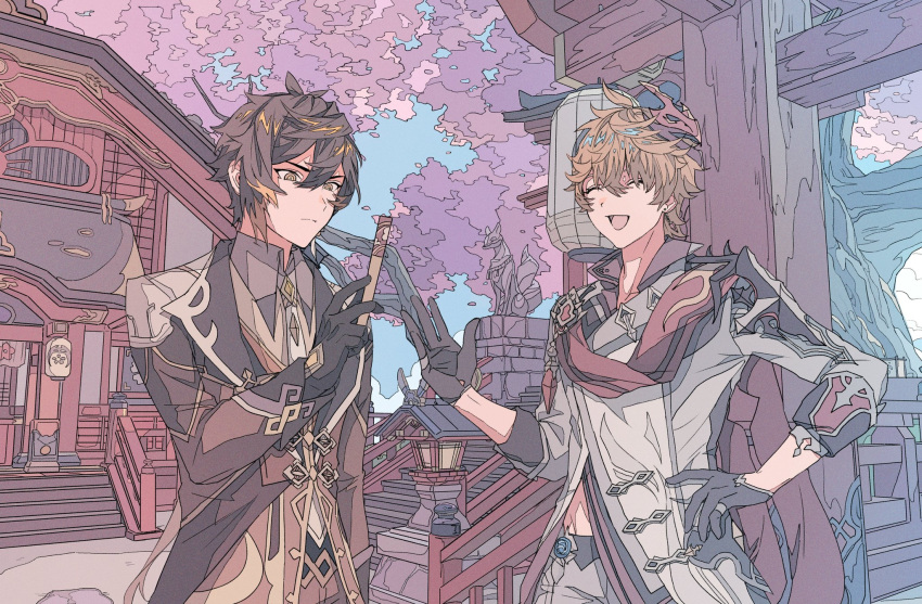 2boys ^_^ ^o^ architecture bangs black_gloves brooch brown_coat brown_hair cape cherry_blossoms closed_eyes coat collared_shirt cowboy_shot crossed_bangs ear_piercing earrings east_asian_architecture fox_statue genshin_impact gloves grey_jacket grey_pants hand_on_hip hand_up highres holding in-universe_location jacket jewelry lantern male_focus mask mask_on_head multicolored_hair multiple_boys orange_hair pants paper_lantern piercing r_yeong railing red_cape rope shimenawa shirt short_hair shrine stairs standing stone streaked_hair tartaglia_(genshin_impact) tree yellow_eyes zhongli_(genshin_impact)