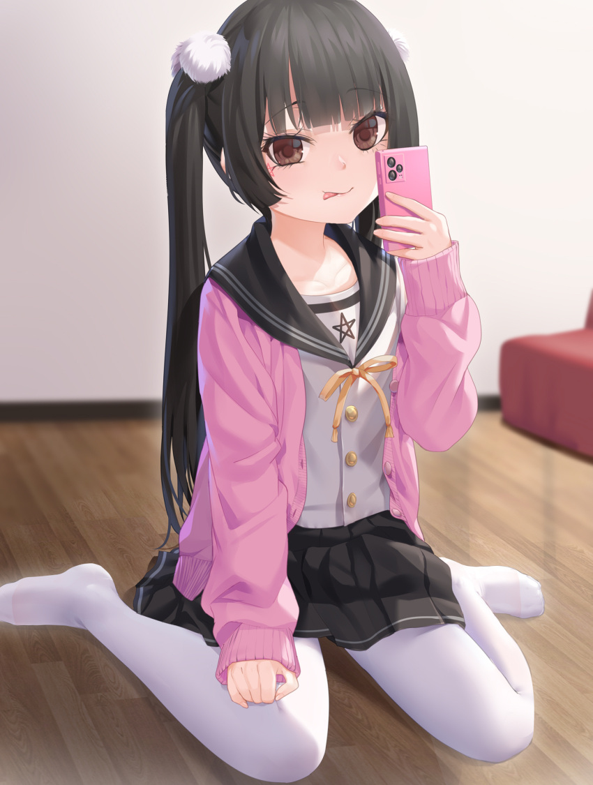 1girl :p bangs black_hair black_sailor_collar black_skirt blurry blurry_background brown_eyes cardigan cellphone closed_mouth depth_of_field eyebrows_visible_through_hair highres holding holding_phone long_hair looking_at_viewer neck_ribbon no_shoes open_cardigan open_clothes original pantyhose phone pink_cardigan pleated_skirt ribbon sailor_collar school_uniform serafuku shirt skirt sleeves_past_wrists smile solo tongue tongue_out too-ye twintails uneven_eyes very_long_hair white_legwear white_shirt wooden_floor yellow_ribbon