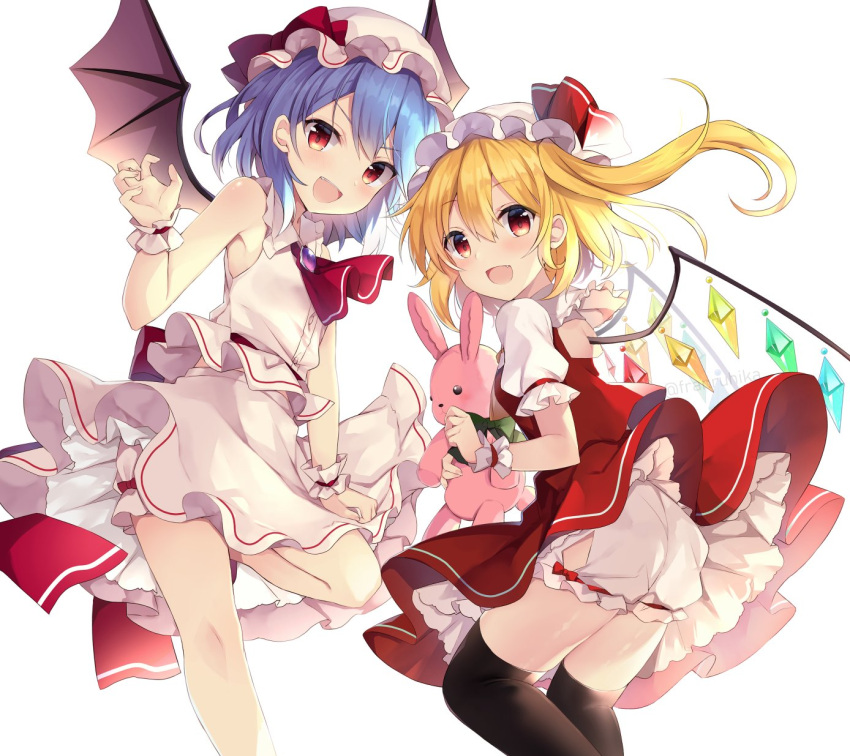 2girls ascot bat_wings black_legwear blue_hair blush brooch crystal eyebrows_visible_through_hair fang feet_out_of_frame flandre_scarlet hair_between_eyes hat highres holding holding_stuffed_toy jewelry long_hair mob_cap multiple_girls one_side_up open_mouth pink_headwear pink_skirt pink_vest puffy_short_sleeves puffy_sleeves purple_hair red_ascot red_eyes red_skirt red_vest remilia_scarlet ruhika short_hair short_sleeves siblings simple_background sisters skirt smile stuffed_animal stuffed_bunny stuffed_toy thigh-highs touhou twitter_username vest white_background white_headwear wings