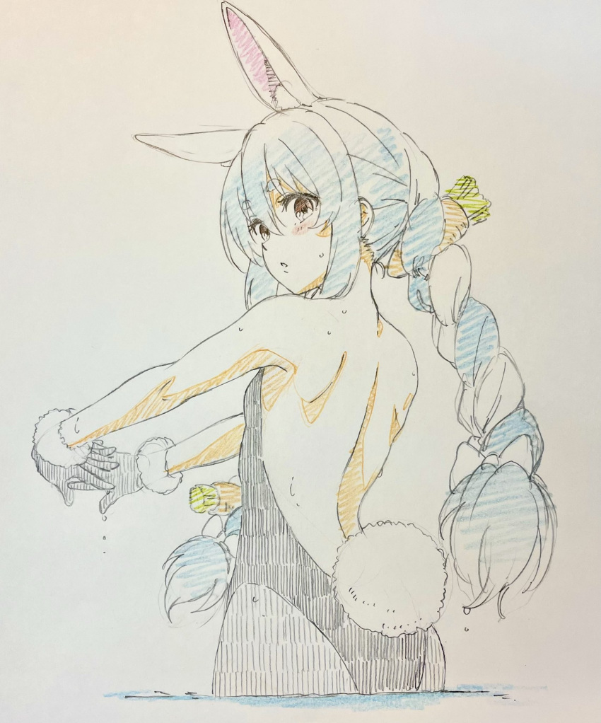 1girl animal_ears bare_back bare_shoulders black_gloves blue_hair bow braid carrot_hair_ornament commentary_request eyebrows_visible_through_hair food-themed_hair_ornament fuusuke_(fusuke208) gloves hair_between_eyes hair_bow hair_ornament highres hololive long_hair looking_at_viewer looking_back multicolored_hair partially_submerged playboy_bunny rabbit_ears rabbit_tail solo tail traditional_media twin_braids twintails two-tone_hair usada_pekora virtual_youtuber water wet white_bow white_hair