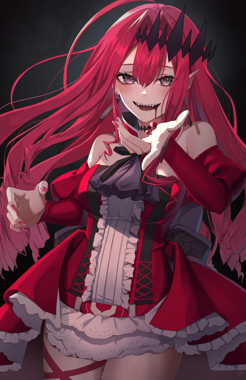 1girl bare_shoulders black_background blood blood_from_mouth breasts center_frills commentary dark_background earrings eyelashes fairy_knight_tristan_(fate) fangs fate/grand_order fate_(series) frilled_skirt frills grey_eyes hair_between_eyes highres ironatsuki jewelry long_hair looking_at_viewer medium_breasts open_mouth pink_hair pink_nails pointy_ears skirt slit_pupils smile solo