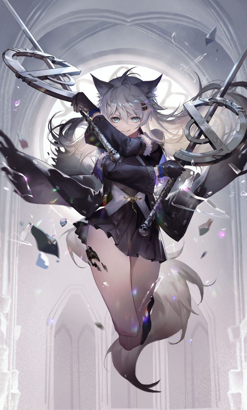 1girl absurdres animal_ear_fluff animal_ears antenna_hair arknights black_gloves black_skirt coat commentary_request dual_wielding fang fur-trimmed_coat fur_trim gloves grey_eyes hair_ornament hairclip highres holding holding_sword holding_weapon kurasamerukia lappland_(arknights) lappland_(refined_horrormare)_(arknights) long_hair oripathy_lesion_(arknights) parted_lips skirt solo sword tail watermark weapon white_hair wolf_ears wolf_girl wolf_tail