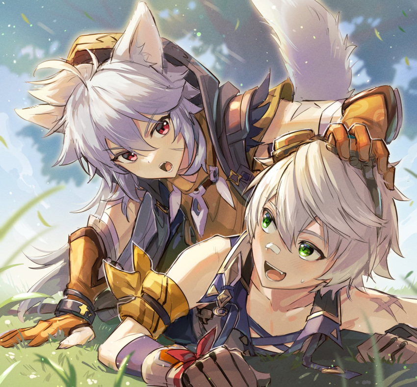 2boys animal_ears bandaid bandaid_on_nose bangs bennett_(genshin_impact) brown_gloves clouds commentary_request day fang genshin_impact gloves goggles goggles_on_head grass green_eyes grey_hair hair_between_eyes hand_on_another's_head highres hood hood_up kani_kani_kun long_hair lying male_focus multiple_boys on_stomach open_mouth orange_gloves outdoors partially_fingerless_gloves razor_(genshin_impact) red_eyes scar scar_on_arm scar_on_face sky sweat tail tree wolf_boy wolf_ears wolf_tail