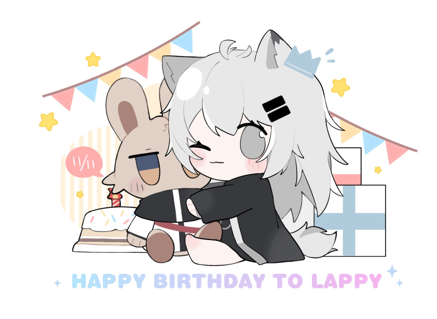 1girl animal_ear_fluff animal_ears arknights bangs barefoot birthday_cake box cake candle chibi commentary_request fire food gift gift_box grey_eyes grey_hair hair_between_eyes hair_ornament hairclip happy_birthday highres jacket lappland_(arknights) long_hair long_sleeves object_hug open_clothes open_jacket pennant sitting solo star_(symbol) string_of_flags striped stuffed_animal stuffed_bunny stuffed_toy tail vertical_stripes very_long_hair white_background white_jacket xijian