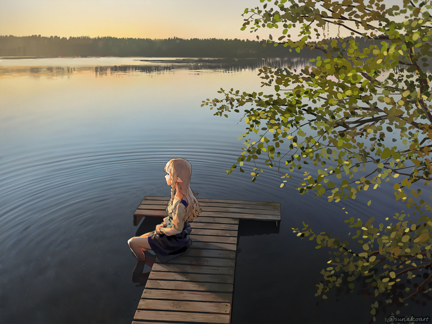 1girl black_dress blonde_hair blue_dress blue_eyes braid branch commentary dock dress dusk elf english_commentary evening forest from_side highres lake long_hair long_sleeves nature original partially_submerged pointy_ears profile reflection ripples scenery shirt side_braid sitting sleeveless sleeveless_dress soaking_feet sunako_(veera) tree twitter_username water white_shirt
