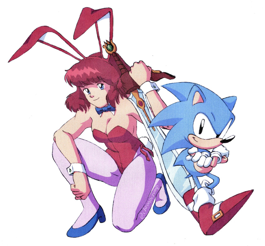 1980s_(style) 1990s_(style) 1boy 1girl animal_ears bangs bare_shoulders black_eyes blue_eyes blue_footwear bow bowtie breasts brown_hair chronocrump closed_mouth crossed_arms crossover daicon_bunny_girl daicon_iv detached_collar eyebrows_visible_through_hair fake_animal_ears film_grain full_body gloves high_heels highres holding holding_sword holding_weapon leotard looking_at_viewer medium_breasts pantyhose playboy_bunny rabbit_ears rabbit_tail red_footwear red_leotard retro_artstyle shoes short_hair smile sonic_(series) sonic_the_hedgehog strapless strapless_leotard sword tail twitter_username weapon white_background white_gloves wrist_cuffs