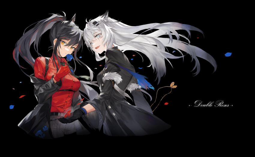 2girls animal_ear_fluff animal_ears arknights bangs black_background black_coat black_gloves black_hair black_jacket blue_flower blue_rose closed_mouth coat commentary floating_hair flower fur_trim gloves grey_hair hair_between_eyes hair_ornament hairclip highres holding holding_flower jacket lappland_(arknights) lappland_(refined_horrormare)_(arknights) long_hair long_sleeves looking_at_viewer meng_ziya messy_hair multiple_girls necktie official_alternate_costume open_mouth petals ponytail red_flower red_gloves red_rose red_shirt rose scar scar_across_eye shirt silver_hair simple_background standing texas_(arknights) texas_(willpower)_(arknights) wolf_ears wolf_girl yellow_eyes