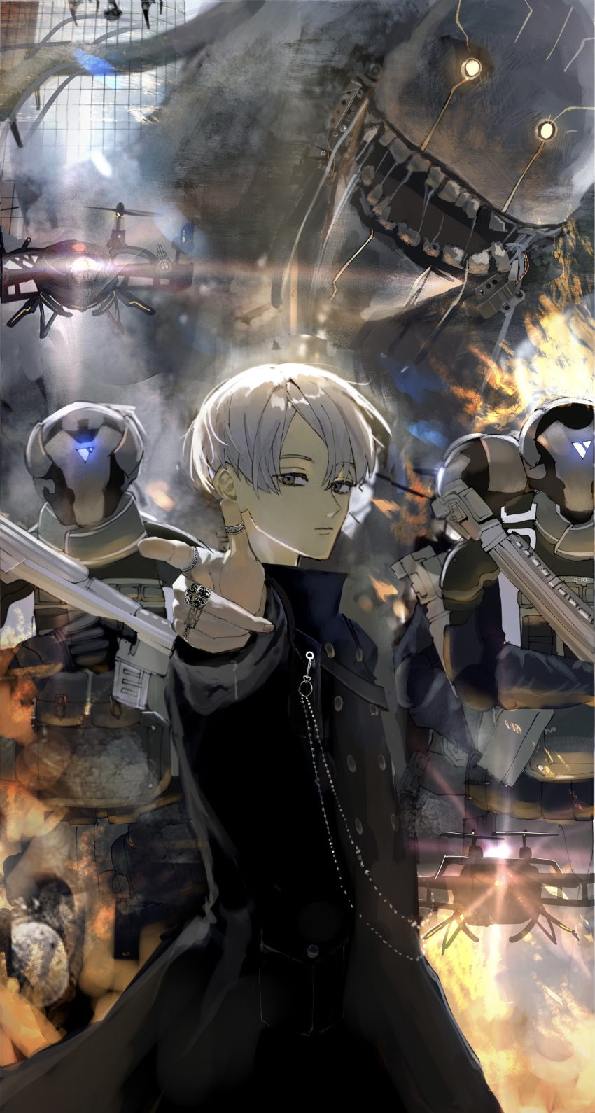 1boy absurdres air_(airzzz_) drone expressionless fire highres holding holding_weapon jewelry original pointing pointing_at_viewer ring robot short_hair smoke solo_focus upper_body weapon white_hair
