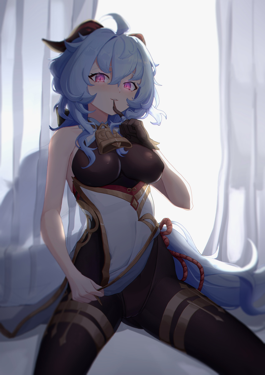 absurdres ahoge aoaoaoao_(baiyanheibing) bangs bell biting black_legwear blue_hair blush breasts chinese_knot clothes_lift come_hither flower_knot ganyu_(genshin_impact) genshin_impact glove_biting gloves gold_trim highres horns indoors lifted_by_self long_hair looking_at_viewer medium_breasts naughty_face neck_bell nose_blush sidelocks single_glove sitting sleeveless smile solo thighlet very_long_hair violet_eyes wariza