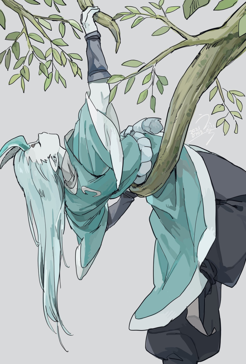 1boy aqua_hair aqua_horns black_pants branch closed_eyes drruraguchi grey_background highres leaf long_hair pants plant pointy_ears rope simple_background solo the_legend_of_luo_xiaohei tree very_long_hair xuhuai_(the_legend_of_luoxiaohei)