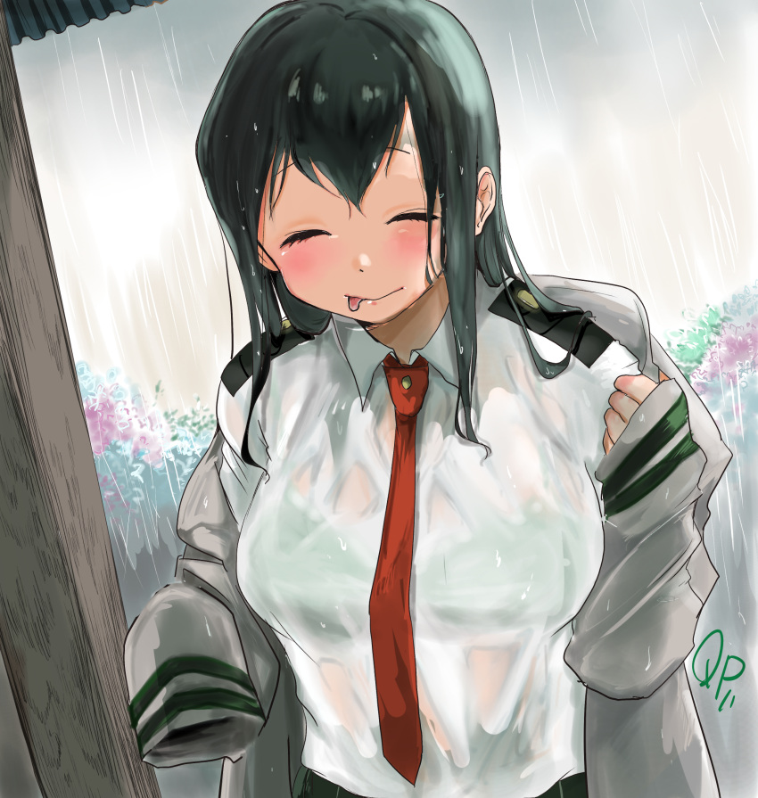 1girl :&gt; artist_name asui_tsuyu bangs blazer boku_no_hero_academia bra bra_visible_through_clothes bralines closed_eyes closed_mouth clouds cloudy_sky collared_shirt day green_hair highres jacket long_hair necktie outdoors qpqpqp117117 rain school_uniform see-through shirt shirt_tucked_in skirt sky solo standing tongue tongue_out u.a._school_uniform underwear upper_body wet wet_clothes wet_shirt white_shirt
