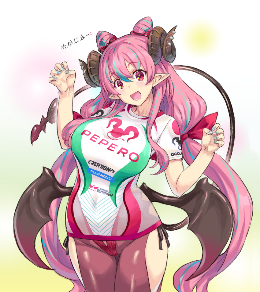 1girl :d absurdres blue_hair breasts claw_pose covered_navel demon_girl demon_horns demon_wings double_bun eyebrows_visible_through_hair groin hair_between_eyes hands_up heart highres horns kiyama_satoshi large_breasts multicolored_background multicolored_hair multicolored_nails open_mouth original pink_hair pointy_ears red_eyes red_ribbon ribbon short_sleeves smile solo streaked_hair tail thigh_gap thighs twintails two-tone_hair virtual_youtuber wings