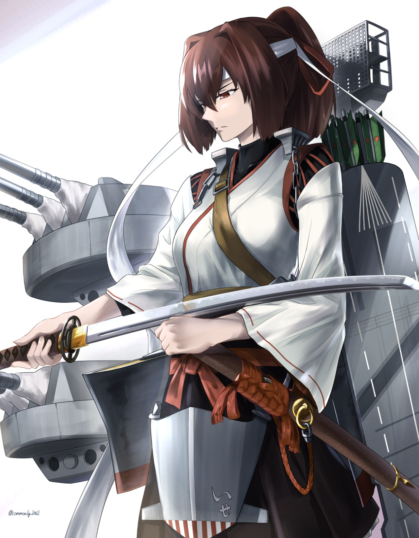 1girl arrow_(projectile) black_hakama black_undershirt breasts brown_eyes brown_hair cannon common2012 flight_deck hakama hakama_short_skirt hakama_skirt highres holding holding_sword holding_weapon ise_(kancolle) japanese_clothes kantai_collection katana medium_breasts quiver retrofit_(azur_lane) rigging scabbard sheath short_ponytail skirt solo sword turret unsheathed weapon