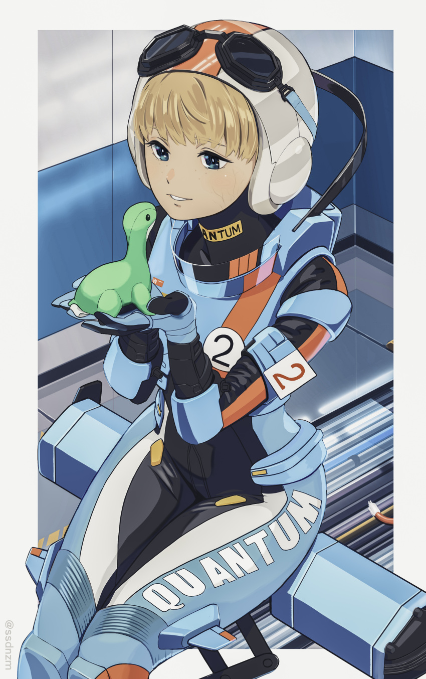 1girl absurdres apex_legends bangs blonde_hair blue_bodysuit blue_eyes blue_gloves bodysuit cable dangoyan eyebrows_behind_hair gloves goggles goggles_on_headwear helmet highres holding holding_stuffed_toy nessie_(respawn) parted_lips scar scar_on_cheek scar_on_face sitting smile solo stuffed_toy wattson_(apex_legends) white_headwear wired_for_speed_wattson