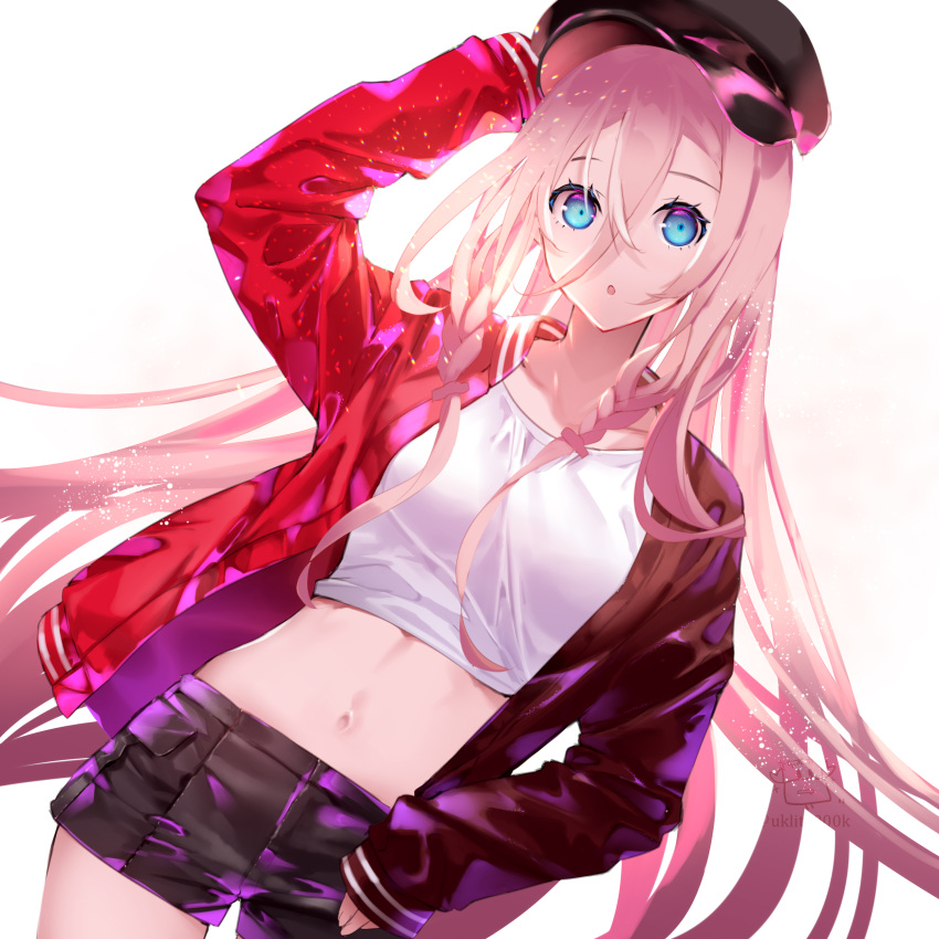 1girl :o absurdres arm_up bangs black_headwear black_jacket black_shorts blue_eyes braid breasts cabbie_hat cevio collarbone crop_top hair_between_eyes hat highres ia_(vocaloid) jacket long_hair long_sleeves midriff open_clothes open_jacket parted_lips pink_hair red_jacket shirt short_shorts shorts simple_background sleeves_past_wrists small_breasts solo very_long_hair vocaloid white_background white_shirt yuuki_kira