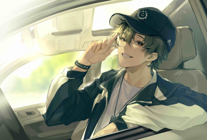 1boy adjusting_eyewear amon_(lord_of_the_mysteries) bangs black_eyes black_hair bracelet car car_interior car_seat chinese_commentary commentary_request ears ground_vehicle hat highres jacket jewelry looking_at_viewer lord_of_the_mysteries monocle motor_vehicle shirt short_hair smile solo t-shirt teeth tree white_shirt window yumaomao2056