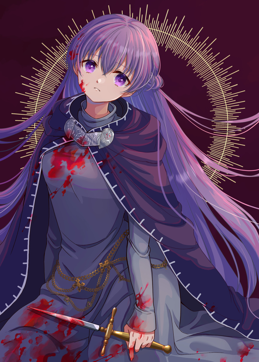 1girl absurdres baggy_clothes blood blood_on_face blue_cape blue_dress braid cape commission commissioner_upload dress expressionless eyebrows_visible_through_hair fire_emblem fire_emblem:_the_binding_blade french_braid highres holding holding_knife holding_weapon knife long_hair looking_at_viewer purple_hair sitting skeb_commission solo sophia_(fire_emblem) violet_eyes weapon yoshiki1020
