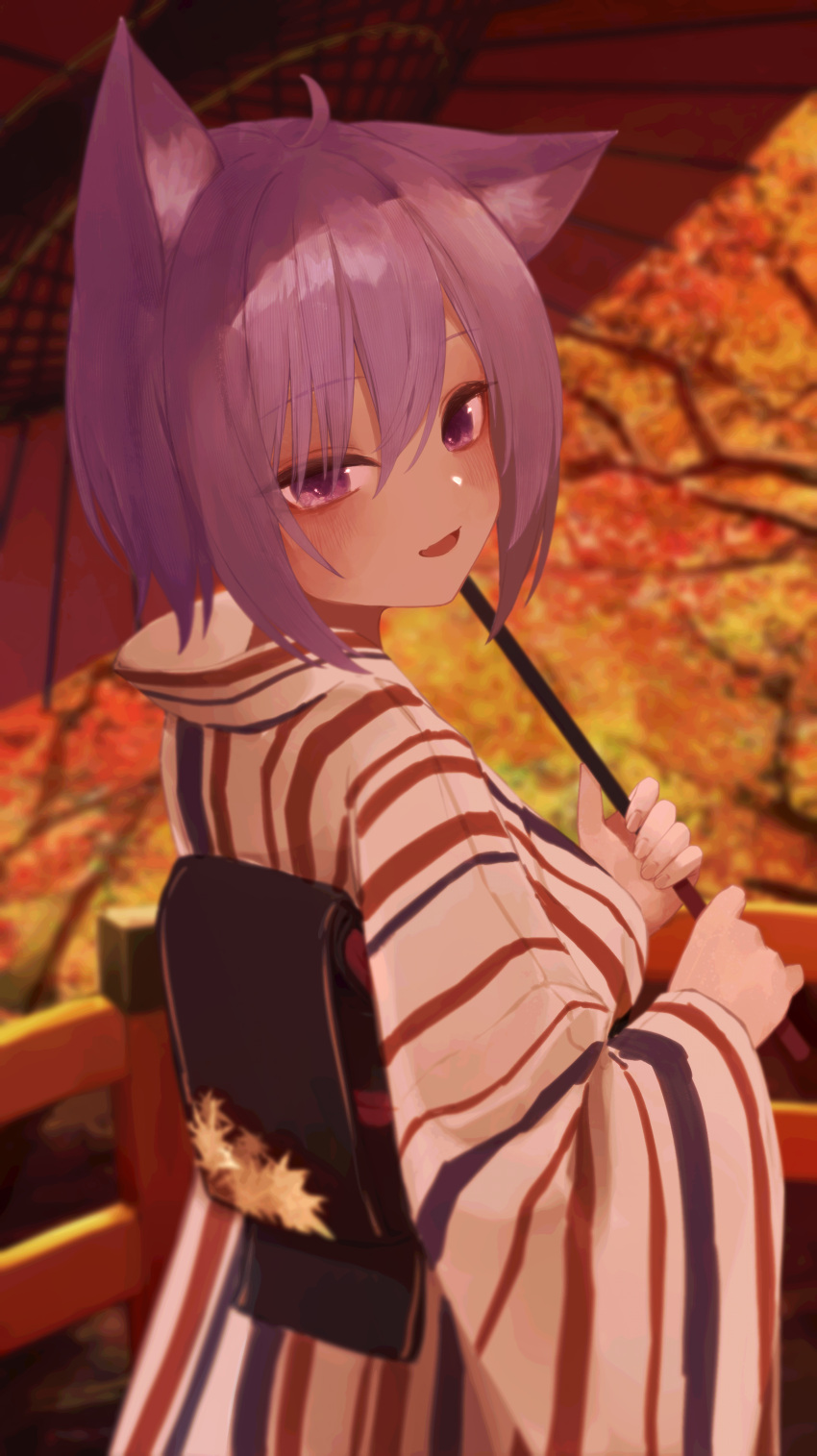 1girl absurdres ahoge animal_ear_fluff animal_ears bangs blush breasts cat_ears eyebrows_visible_through_hair hair_between_eyes highres holding holding_umbrella hololive japanese_clothes kimono looking_at_viewer looking_back nanome_to nekomata_okayu purple_hair short_hair solo striped striped_kimono umbrella upper_body violet_eyes virtual_youtuber