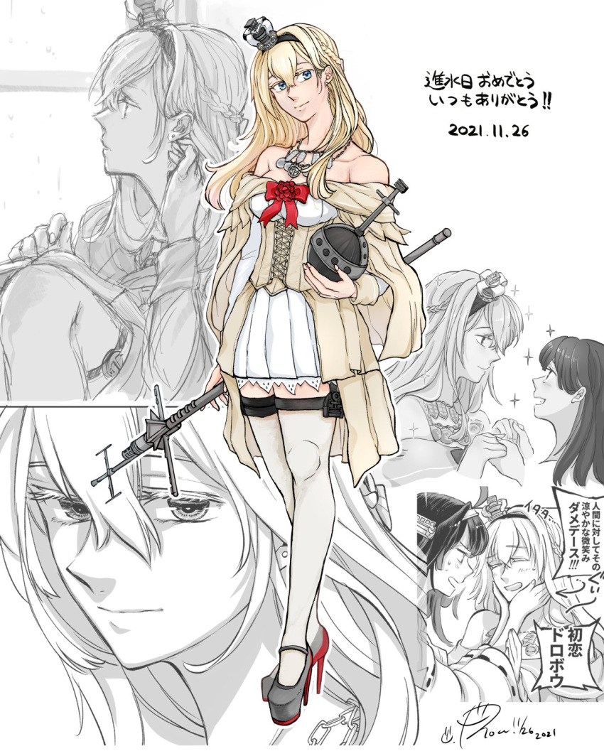 black_hairband blonde_hair blue_eyes braid commentary_request corset crown dress female_admiral_(kancolle) flower french_braid garter_straps globus_cruciger hairband happy_birthday high_heels highres holding kantai_collection kongou_(kancolle) long_hair long_sleeves looking_at_viewer mini_crown monochrome_background off-shoulder_dress off_shoulder partially_colored red_flower red_ribbon red_rose ribbon rose scepter solo_focus standing thigh-highs translation_request warspite_(kancolle) white_dress white_legwear yamada_rei_(rou)
