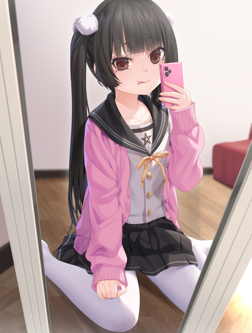 1girl :p bangs black_hair black_sailor_collar black_skirt blurry blurry_background brown_eyes cardigan cellphone closed_mouth commentary depth_of_field eyebrows_visible_through_hair highres holding holding_phone long_hair looking_at_viewer mirror neck_ribbon no_shoes open_cardigan open_clothes original pantyhose phone pink_cardigan pleated_skirt reflection ribbon sailor_collar school_uniform serafuku shirt skirt sleeves_past_wrists smile solo symbol-only_commentary tongue tongue_out too-ye twintails uneven_eyes very_long_hair white_legwear white_shirt wooden_floor yellow_ribbon