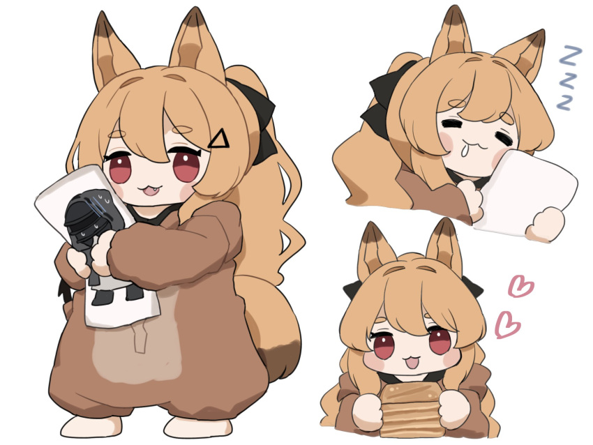 1girl :3 :d =_= animal_ears arknights baklava black_bow blush_stickers bow ceobe_(arknights) chibi cropped_torso dakimakura_(object) doctor_(arknights) dog_ears dog_girl dog_tail drooling fang food hair_between_eyes hair_bow heart highres holding holding_food long_hair looking_at_viewer multiple_views object_hug official_alternate_costume onesie open_mouth pillow pillow_hug red_eyes simple_background smile someyaya tail thick_eyebrows very_long_hair white_background zzz