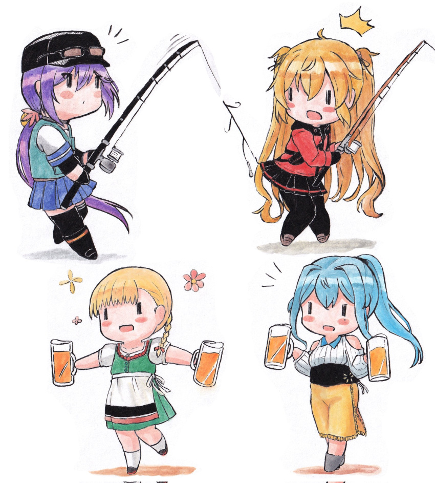 4girls akebono_(kancolle) alcohol bangs beer beer_mug black_gloves black_legwear blonde_hair blush braid breasts chibi commentary_request cup dirndl eyewear_on_head fishing_rod german_clothes gloves gotland_(kancolle) hair_between_eyes hair_ribbon hat highres holding holding_cup jacket kantai_collection long_hair long_sleeves mole mole_under_eye mug multiple_girls murasame_(kancolle) official_alternate_costume open_mouth pantyhose pleated_skirt poipoi_purin ponytail ribbon sailor_collar school_uniform serafuku shin'you_(kancolle) simple_background single_braid skirt sunglasses thigh-highs two_side_up very_long_hair
