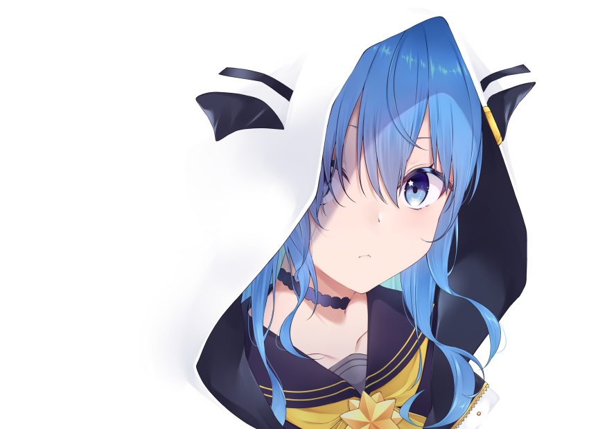 1girl absurdres bangs blending blue_choker blue_eyes blue_hair choker closed_mouth collarbone commentary eyebrows_behind_hair hair_over_one_eye highres hololive hood hooded_jacket hoshimachi_suisei jacket looking_at_viewer negative_space one_eye_covered portrait sailor_collar solo star_(symbol) star_in_eye symbol_in_eye tefutefu_(tefutefu_u3) virtual_youtuber white_background white_jacket