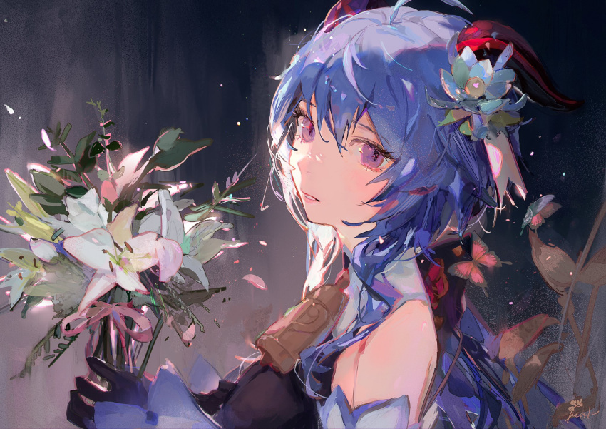 bangs bare_shoulders bell black_gloves blue_hair bouquet bow bowtie breasts detached_sleeves flower ganyu_(genshin_impact) genshin_impact glaze_lily gloves hair_flower hair_ornament highres holding holding_bouquet horns long_hair looking_at_viewer low_ponytail mistedsky neck_bell solo violet_eyes white_flower