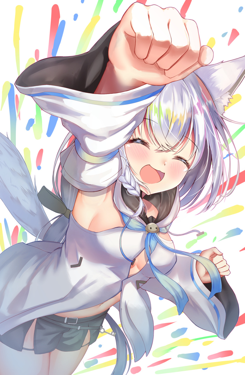 1girl :d absurdres animal_ear_fluff animal_ears arm_up bangs black_shorts braid breasts closed_eyes commentary_request cowboy_shot detached_sleeves eyebrows_visible_through_hair fox_ears fox_girl fox_tail highres hololive long_hair long_sleeves medium_breasts open_mouth rappi shirakami_fubuki shirt shorts silver_hair smile solo standing tail virtual_youtuber white_shirt