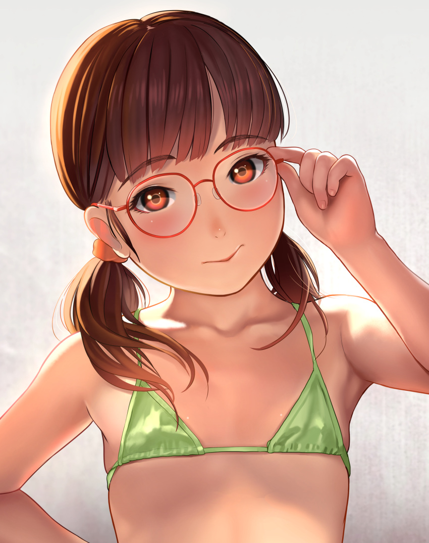 1girl adjusting_eyewear bangs bare_arms bare_shoulders bikini bikini_top blush brown_eyes brown_hair closed_mouth commentary_request eyebrows_visible_through_hair flat_chest glasses green_bikini highres jishimaru looking_at_viewer low_twintails original reward_available simple_background skindentation smile solo string_bikini swimsuit twintails upper_body