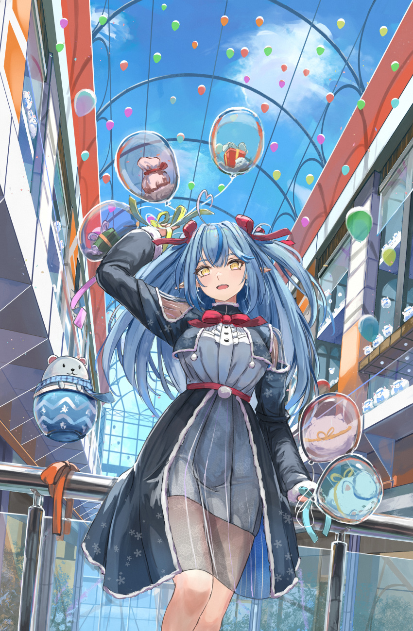 1girl absurdres ahoge arm_up balloon bangs blue_hair bow bowtie breasts center_frills clouds daifuku_(yukihana_lamy) dress earrings frills fur-trimmed_sleeves fur_trim gift glass_ceiling hair_between_eyes hair_ribbon hand_up heart_ahoge highres holding holding_balloon hololive indoors jewelry large_breasts long_hair long_sleeves open_mouth pointy_ears pom_pom_(clothes) railing red_bow red_bowtie red_ribbon ribbon see-through_skirt skirt sky snowflake_earrings snowflake_print solo standing tachikana virtual_youtuber white_dress window yellow_eyes yukihana_lamy