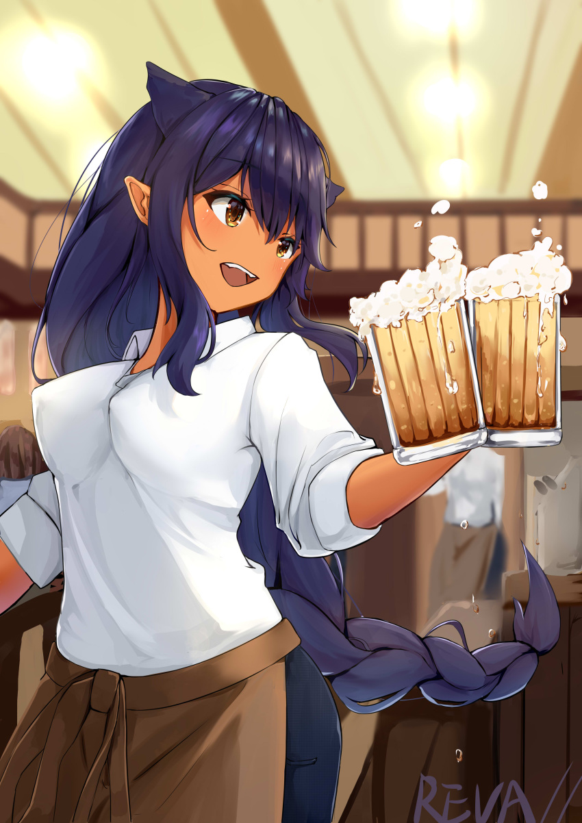 1girl :d absurdres alcohol apron artist_name beer_mug blue_pants blurry blurry_background braid breasts brown_apron covered_nipples cup dark-skinned_female dark_skin foam hair_horns highres holding holding_cup indoors jahy jahy-sama_wa_kujikenai! large_breasts light_blush long_braid looking_to_the_side mug pants pointy_ears ponytail purple_hair revival shirt single_braid smile solo_focus waist_apron white_shirt