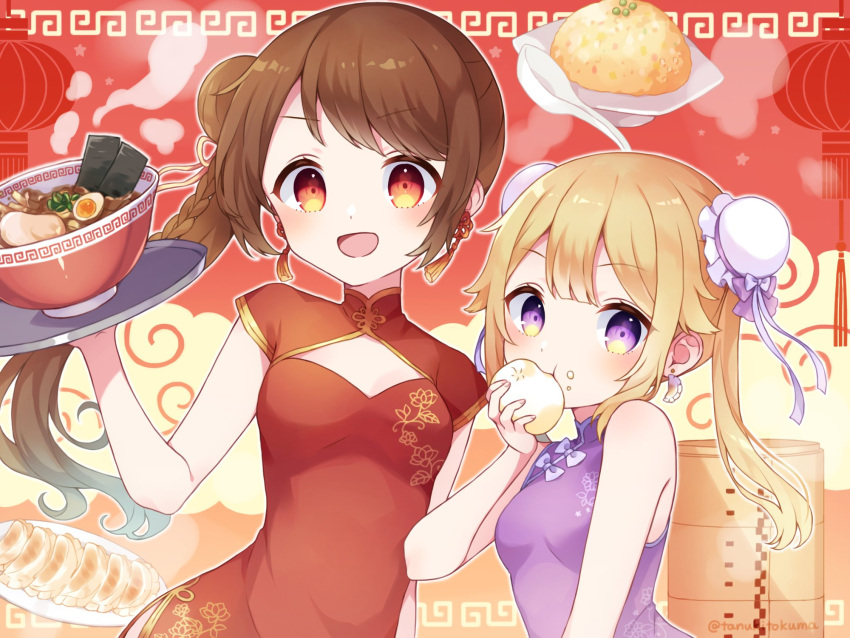 2girls alternate_costume alternate_hairstyle bangs bare_arms bento blonde_hair border bow bowl box braid breasts brown_hair china_dress chinese_clothes cleavage_cutout clothing_cutout cloud_background clouds double_bun dress dumpling earrings eating eyebrows_visible_through_hair floral_print food food-themed_earrings food_on_face gold_trim hair_between_eyes hair_bun hand_up height_difference high_collar highres holding holding_tray jewelry lantern magia_record:_mahou_shoujo_madoka_magica_gaiden mahou_shoujo_madoka_magica mitsuki_felicia multiple_girls noodles open_mouth orange_eyes outline paper_lantern plate purple_bow purple_dress ramen red_background red_dress rice short_sleeves side-by-side side_ponytail side_slit sidelocks sleeveless sleeveless_dress small_breasts spiky_hair spoon star_(symbol) starry_background steam swept_bangs tanukitokuma tassel tassel_earrings tray twitter_username two-tone_background violet_eyes white_outline yellow_background yui_tsuruno