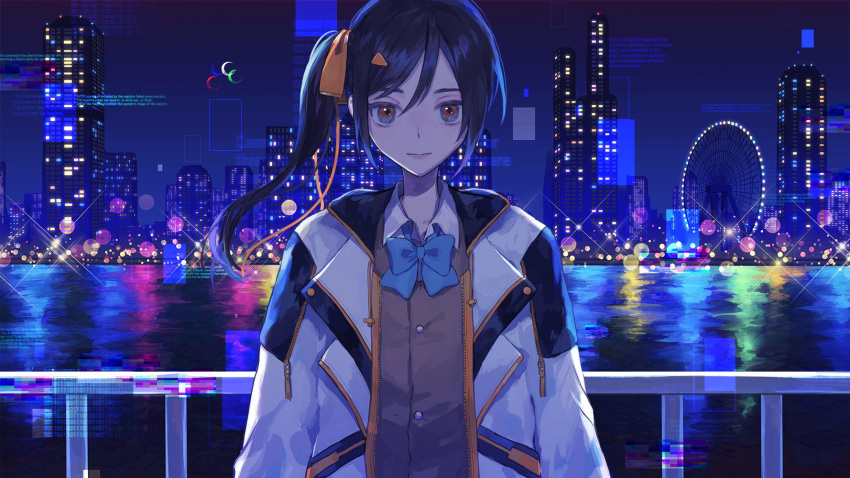 1girl black_hair blue_bow blue_bowtie bow bowtie city collared_shirt copyright_request ferris_wheel glitch grey_vest hair_ornament hair_ribbon highres jacket lens_flare long_hair looking_at_viewer nashiko_(nanaju_ko) night orange_ribbon outdoors reflection ribbon shirt side_ponytail smile solo upper_body vest white_shirt