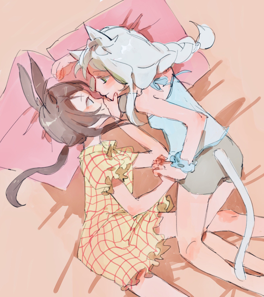 2girls alternate_hairstyle amiya_(arknights) animal_ears arknights bare_shoulders bed_sheet blush braid brown_hair cat_ears cat_girl cat_tail clothing_cutout eye_contact halterneck highres holding_hands long_hair looking_at_another low_ponytail multiple_girls pillow rabbit_ears rabbit_girl rosmontis_(arknights) scrunchie shorts silver_hair symbol-only_commentary tail tail_cutout wrist_scrunchie wudui128 yuri