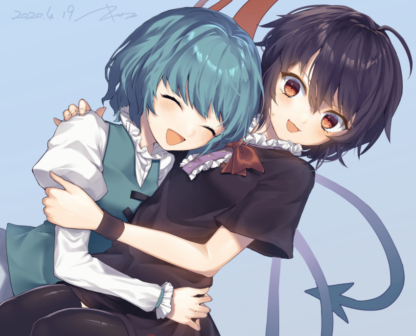 2girls :d ahoge asymmetrical_wings bangs black_dress black_hair black_wristband blue_hair blue_vest blush bow bowtie breasts center_frills closed_eyes commentary_request dated dress embarrassed eyelashes fang fingernails frills hand_on_another's_shoulder happy houjuu_nue hug kisamu_(ksmz) light_blue_background multiple_girls open_mouth red_bow red_bowtie red_eyes red_neckwear shiny shiny_hair shirt short_hair short_sleeves simple_background small_breasts smile sweatdrop tatara_kogasa touhou upper_body vest white_shirt white_sleeves wings
