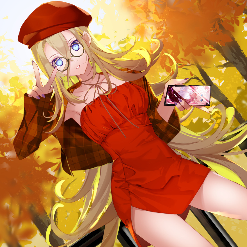 1girl absurdres bangs beret black-framed_eyewear blonde_hair blue_eyes brown_jacket brown_ribbon cellphone collarbone dress glasses hair_between_eyes hand_up hat highres holding holding_phone jacket lily_(vocaloid) long_hair long_sleeves nail_polish neck_ribbon open_clothes open_jacket parted_bangs phone plaid plaid_jacket purple_nails red_dress red_headwear ribbon round_eyewear sleeves_past_wrists solo strapless strapless_dress tree v very_long_hair vocaloid yuuki_kira