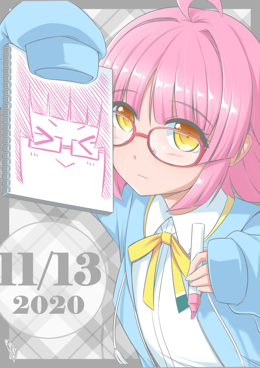 1girl absurdres bangs birthday blush bunji commentary drawing eyebrows_visible_through_hair glasses highres jacket love_live! love_live!_nijigasaki_high_school_idol_club marker pink_hair red-framed_eyewear shiny shiny_hair short_hair sidelocks signature sketchbook sleeves_past_wrists solo tennouji_rina yellow_eyes