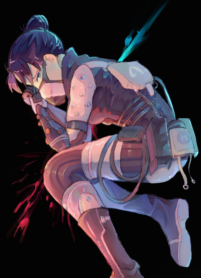 1girl apex_legends black_background black_bodysuit black_footwear blue_eyes bodysuit boots cable clenched_hand curled_up from_side gloves hair_behind_ear hair_bun half-closed_eyes highres kapuri_cha looking_back mask mouth_mask open_mouth pink_gloves solo void_specialist_wraith wraith_(apex_legends)