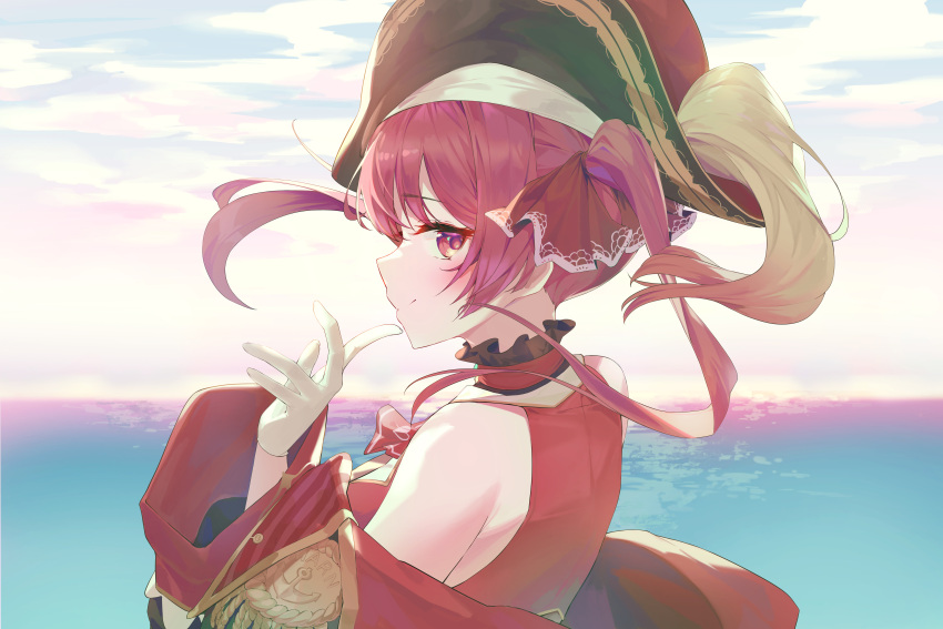 1girl absurdres anchor_symbol bangs bare_shoulders black_choker choker frilled_choker frills from_behind gloves hand_up hat highres hololive houshou_marine jacket long_hair looking_back munseonghwa ocean off_shoulder pirate_hat profile red_eyes red_jacket redhead sky smile solo twintails upper_body virtual_youtuber water white_gloves