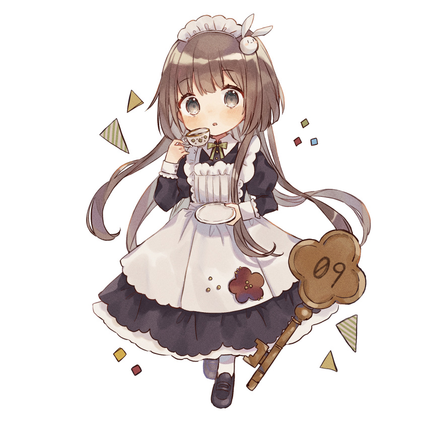 1girl apron bangs black_dress black_footwear blush brown_eyes brown_hair bunny_hair_ornament cup dress eyebrows_visible_through_hair frilled_apron frills full_body hair_ornament highres holding holding_cup holding_saucer juliet_sleeves loafers long_hair long_sleeves looking_at_viewer maid maid_apron maid_headdress original pantyhose parted_lips puffy_sleeves saucer shano-pirika shoes simple_background solo teacup very_long_hair white_apron white_background white_legwear