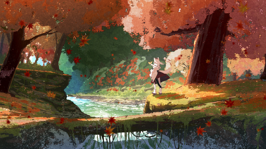 1girl animal_ears autumn_leaves bug butterfly chinese_commentary commentary_request day forest from_behind full_body geta hand_up hat highres inubashiri_momiji jiege long_hair long_sleeves nature outdoors pom_pom_(clothes) red_headwear red_skirt river shirt skirt socks solo standing tail tokin_hat touhou tree white_hair white_legwear white_shirt wide_sleeves wolf_ears wolf_tail