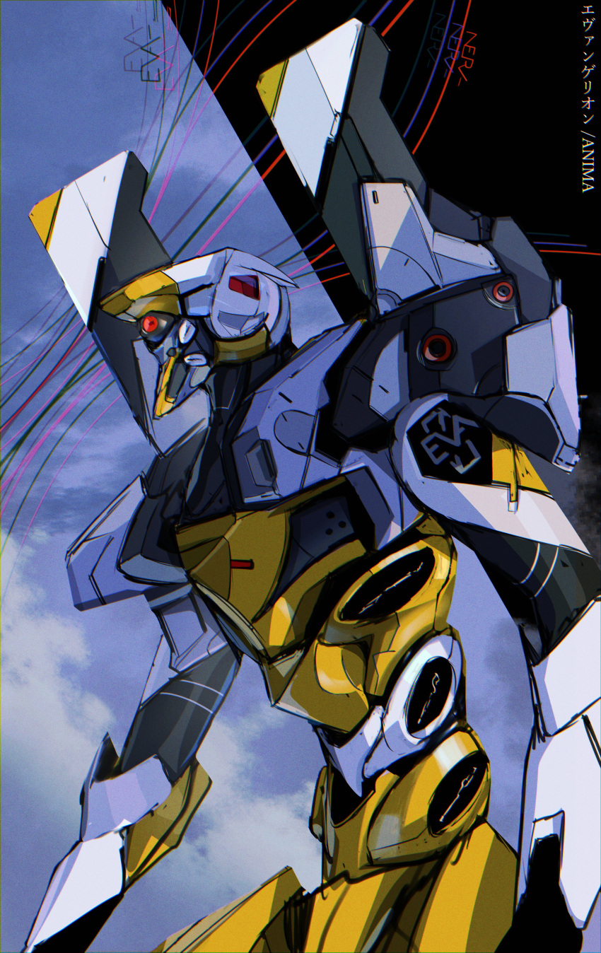 absurdres cable clouds copyright_name eva_00 highres looking_ahead mecha neon_genesis_evangelion neon_genesis_evangelion_anima one-eyed raruru red_eyes science_fiction sky solo upper_body