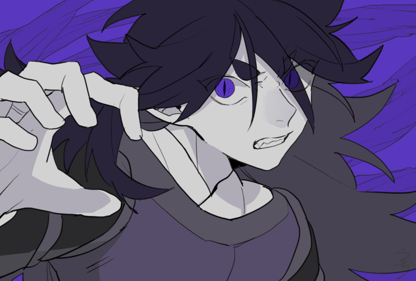 1boy black_hair drruraguchi eyes_visible_through_hair fengxi_(the_legend_of_luoxiaohei) hand_up highres long_hair parted_lips pointy_ears purple_background shadow slit_pupils solo the_legend_of_luo_xiaohei upper_body violet_eyes