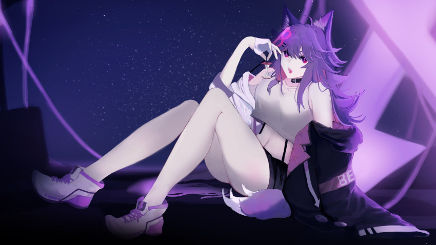 1girl animal_ears apple crop_top dress eyewear_on_head food fruit hair_ornament highres indie_virtual_youtuber jacket multicolored_clothes multicolored_jacket negg_nasu negg_nasu_(artist) purple_hair shirt shoes star_(sky) sundress tail teeth two-tone violet_eyes virtual_youtuber white_shirt wolf_ears wolf_girl wolf_tail